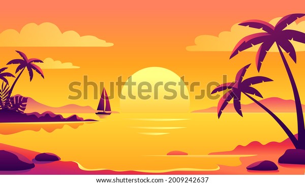 Colorful sunset on the tropical\
island. Beautiful ocean beach with palms and yacht\
illustration
