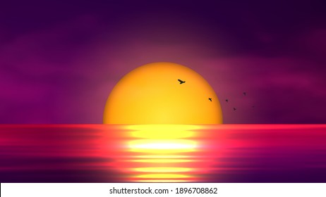 Colorful sunset over ocean. Vector illustration