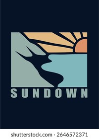 Colorida puesta de sol sobre las estilizadas olas del océano, capturando un sentimiento tropical tranquilo y vibrante. Perfecto para ropa de surf, camisetas o marca de verano