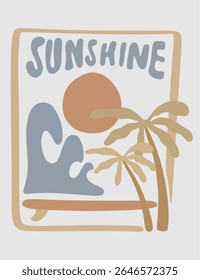 Colorida puesta de sol sobre las estilizadas olas del océano, capturando un sentimiento tropical tranquilo y vibrante. Perfecto para ropa de surf, camisetas o marca de verano