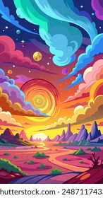 Colorful sunset painting over desert with mountains and clouds