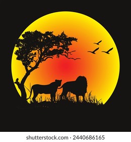 Colorful sunset scene, african landscape with silhouette of trees and lion.