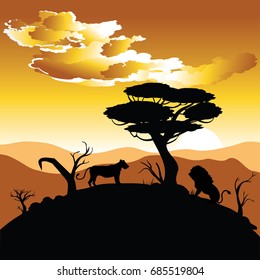 Colorful sunset scene, african landscape with silhouette of trees and lion.