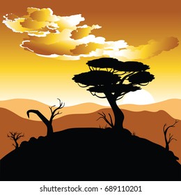 Colorful sunset scene, african landscape with silhouette of trees.
