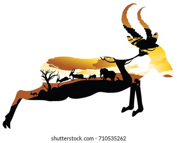 Colorful sunset scene, african landscape with silhouette of trees and antelopes.