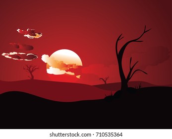 Colorful sunset scene, african landscape with silhouette of trees.