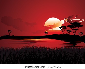 Colorful sunset scene, african landscape with silhouette of trees.