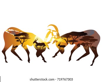Colorful sunset scene, african landscape with silhouette of trees and antelopes.