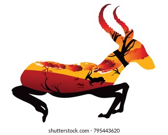 Colorful sunset scene, african landscape with silhouette of trees and antelopes.