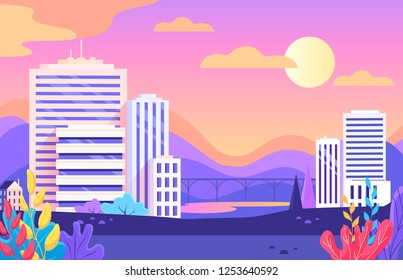 Colorful sunset sky and cityscape vector flat illustration