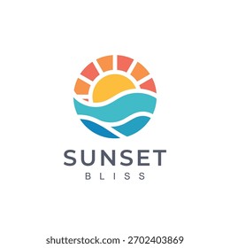 Logotipo colorido da onda do pôr do sol com água oceânica abstrata e símbolo do sol representando a aventura do resort da praia e férias