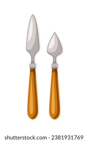 Colorful supply for painting concept. Painting knife set. Equipment for creativity and art. Graphic element for website. Cartoon flat vector illustration isolated on white background