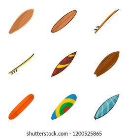 Colorful surf board icon set. Flat set of 9 colorful surf board vector icons for web design