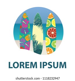 colorful surf boards with beach and blue sea in behind, logo template