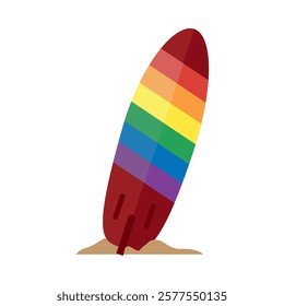 A colorful surfboard with a rainbow pride flag design representing diversity