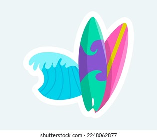 Colorful surfboards and high wave of ocean. Summertime rest. Vector illustration in cartoon sticker design