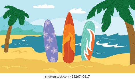 Colorful surfboards on beach. Summer sea sport and extreme hobby. Patterned wooden boards. Catching water waves equipment. Tropical sand sea shore. Palm trees. Garish