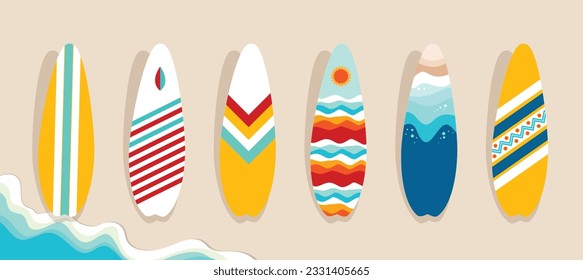 Colorful surfboards on the beach. Surfboard bundle. Vector
