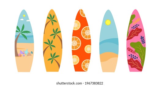 Colorful surfboards. Summer sports and beach recreation. Traveler's postcard. Vector illustration. Background. Element.