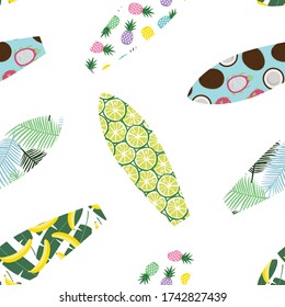 colorful surfboards with tropical print fruits palm leaves exotic hawaii on a white background pattern seamless vector