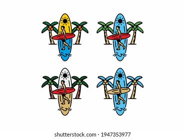 Colorful surfer line art badge illustration design