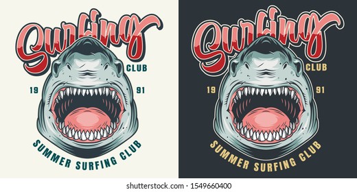 Colorful surfing club print with angry shark in vintage style isolated vector illustration