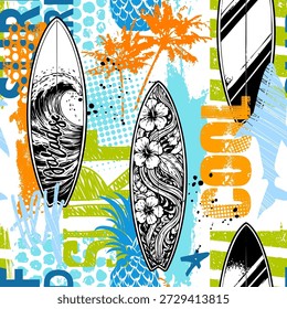 Colorful surf-themed vector pattern with surferboards, tropical elements, and retro summer vibes. Bold graphic illustration for textile, apparel, and print design