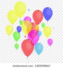 Colorful Surprise Background Transparent Vector. Confetti Inflatable Set. Bright Ceremony. Yellow Air. Baloon Glitter Design.