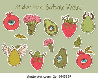 Colorful surreal fruit and vegetable sticker pack in playful sketch style. Perfect for creative projects, digital stickers, or printed fun