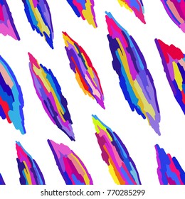 Colorful surreal leaf-shaped figures in diagonal movement on white background, bright vector seamless pattern. Abstract emotional contemporary art composition, modern trendy graphic design.