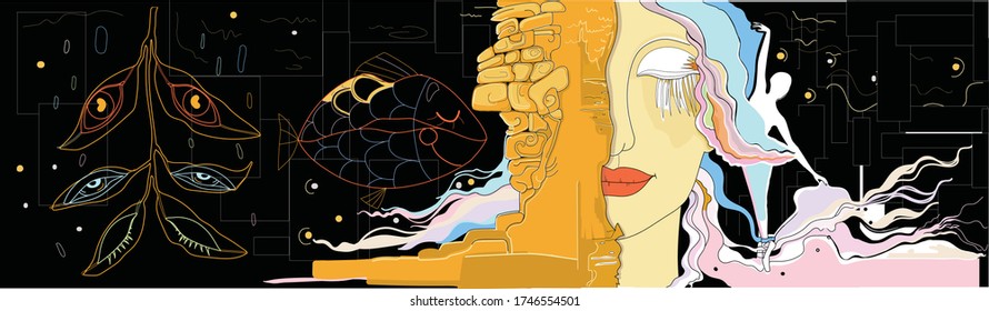 Colorful surreal painting. Modern Art. Portrait of a beautiful girl. Dancing ballerina, fish, lips, eyes. woman's dream. WALL ART .  vector.