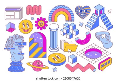 Colorful surreal stickers. Retro set with emoji, rainbow, heart, medieval characters and ladders. Design elements for printing on paper. Cartoon flat vector collection isolated on white background