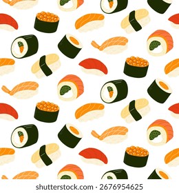 Farbiges Sushi-Muster mit verschiedenen Arten von Sushi und Rollen auf weißem Hintergrund