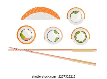 Colorful sushi and rolls set of different types and chopsticks isolated on white background. Vector illustration. Cartoon style.