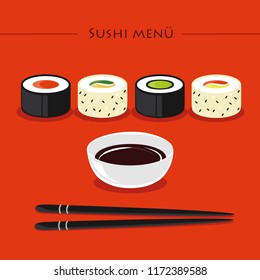 Colorful sushi set of different types chopsticks with soy sauce on orange background vector illustration EPS10