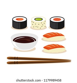 Colorful sushi set of different types chopsticks with soy sauce isolated vector illustration EPS10