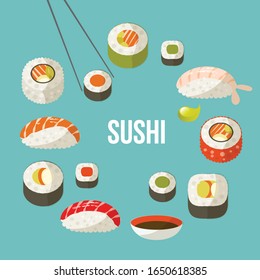 Colorful sushi set of different types chopsticks 