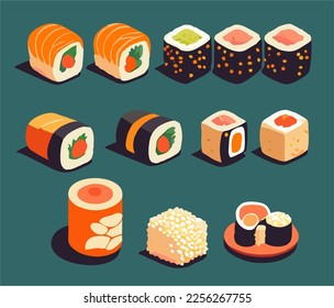 Colorful sushi set of different types of chopsticks and bowls with wasabi soy ginger isolated vector illustration