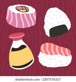 Colorful sushi set of different types isolated vector flat illustration