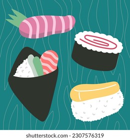 Colorful sushi set of different types isolated vector flat illustration
