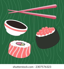 Colorful sushi set of different types isolated vector flat illustration