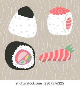 Colorful sushi set of different types isolated vector flat illustration
