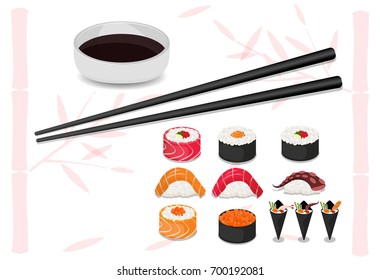 Colorful sushi set of different types chopsticks and bowls with vector 