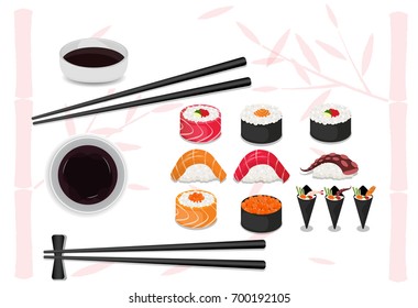 Colorful sushi set of different types chopsticks and bowls with vector 
