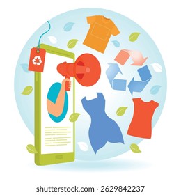 Colorful sustainable fashion concepts with a recycling theme and mobile application promoting environmentally conscious shopping and lifestyle choices. Waste Reduction Concept.
