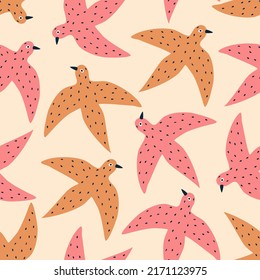 Colorful swallows hand drawn vector illustration. Cute swift birds in flat style seamless pattern for kids fabric or wallpaper.