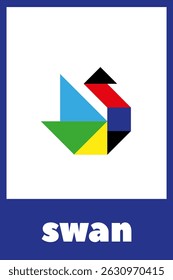 Colorful swan made from geometric shapes on a white background, presented in a blue border.Tangram puzzle for children. Educational card for children on a white background.