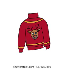 Colorful sweater decorated with deer. Cute hand drawn cartoon style, vector illustration. Cozy clothes: colorful pullover. Color doodle style graphic elements