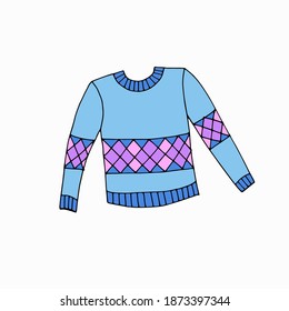 Colorful sweater decorated with ornaments. Cute hand drawn cartoon style, vector illustration. Cozy clothes: colorful pullover. Color doodle style graphic elements
