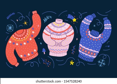 Colorful sweaters decorated with christmas ornaments. Traditional christmas ugly sweaters with embroidery. Cute hand drawn cartoon style, colorful vector illustration. Good as banner, greeting card.